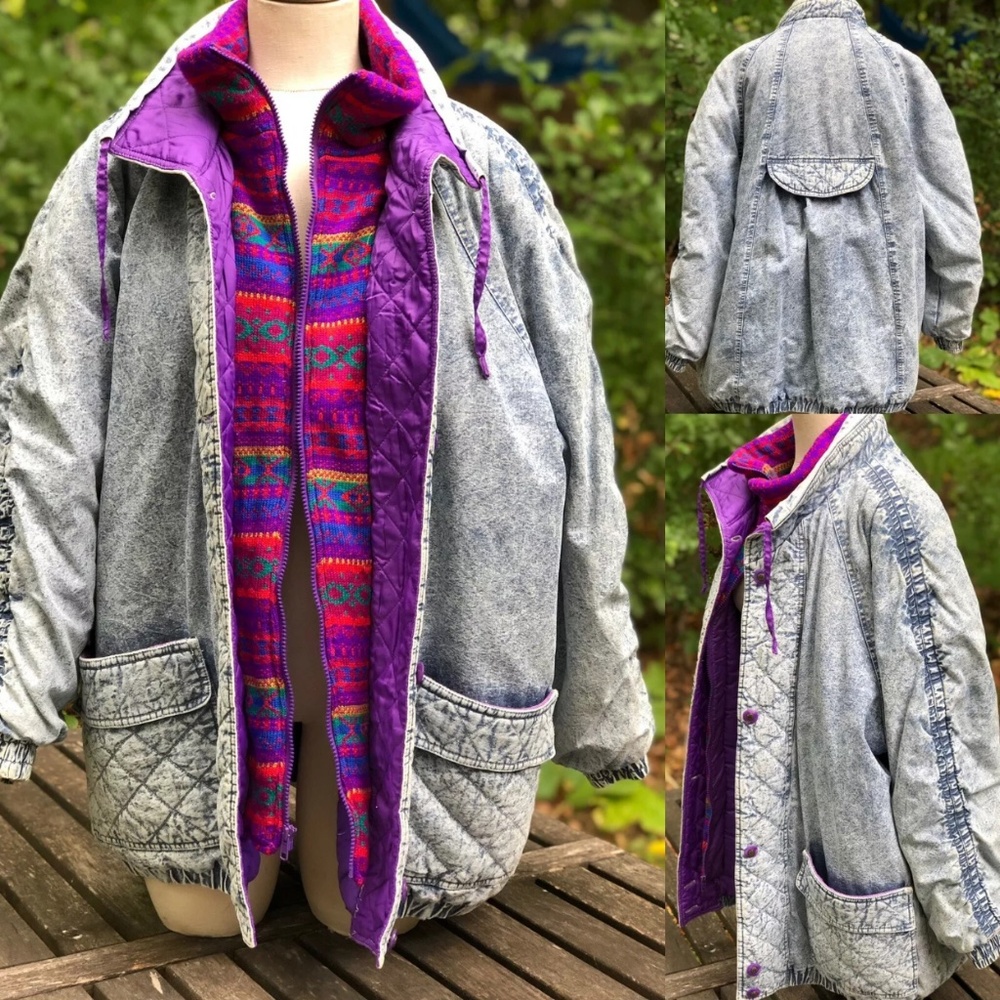 Vtg 80s 90s Acid Wash Denim Aztec Winter Jacket Puffy Colorful Sweater Lining